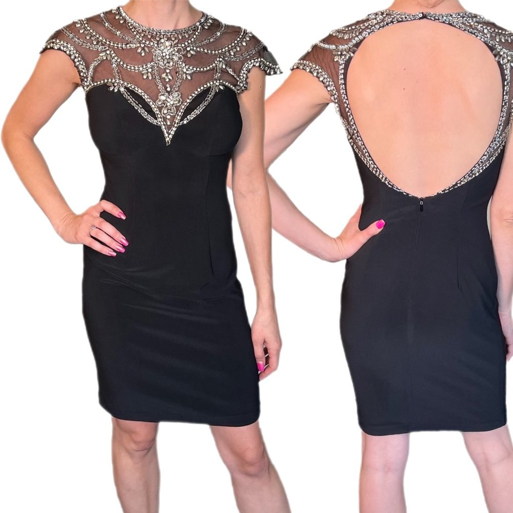 Black Mac Duggal cocktail dress with beaded neck design